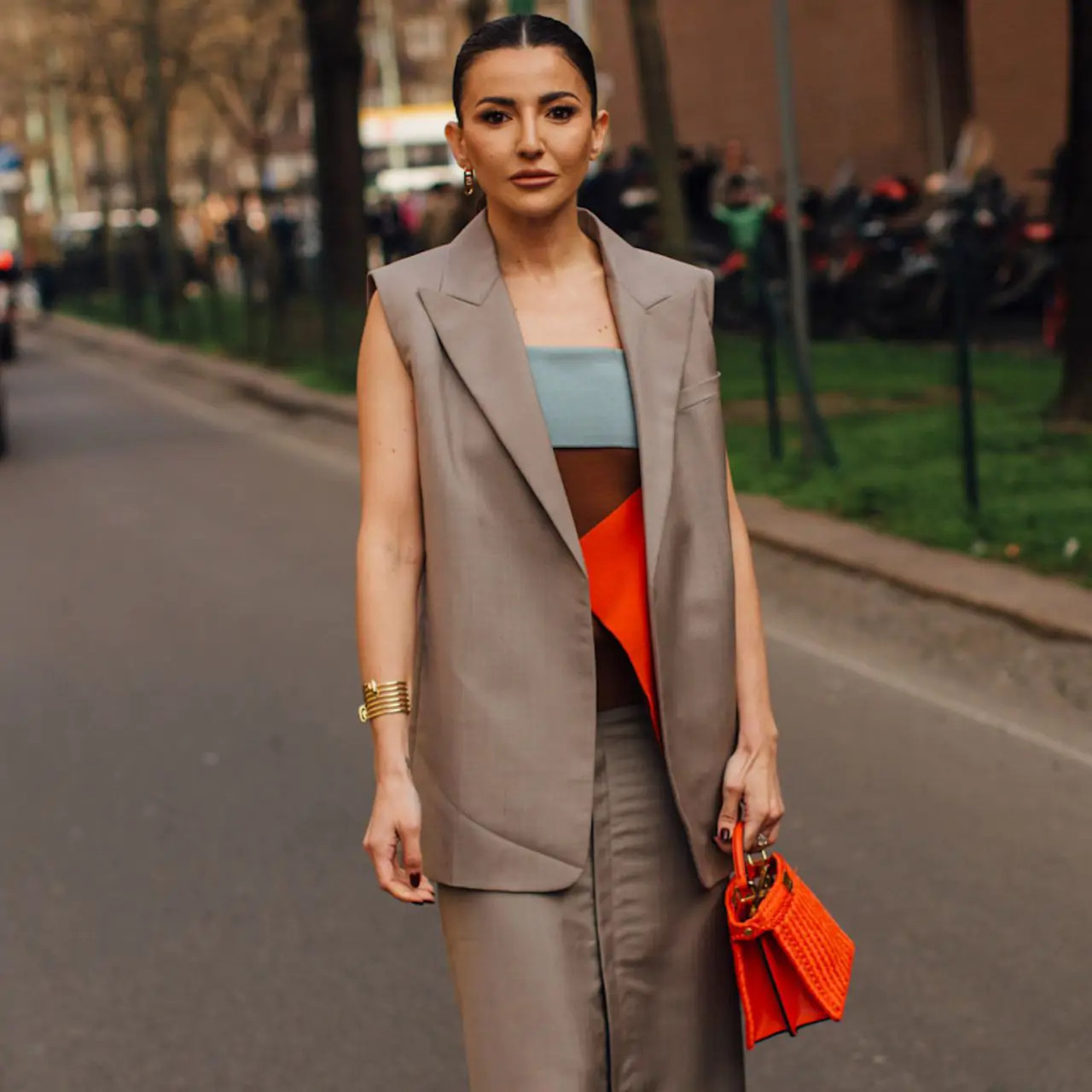 Color Block Chic: Taupe Blazer and Grey Midi Skirt Color Block Chic: Taupe Blazer and Grey Midi Skirt — Mothers Day Outfits 2027