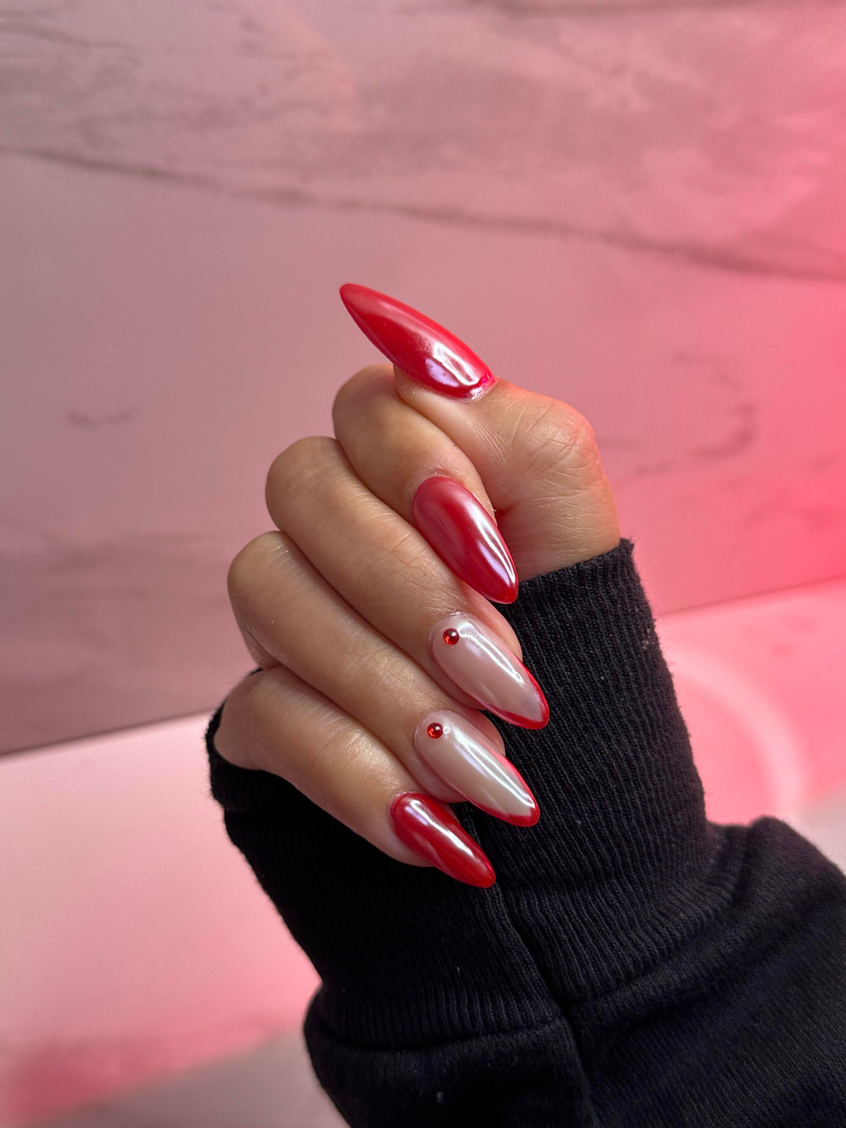 Glossy Red Tip Pearlescent Nude Stilettos Glossy Red Tip Pearlescent Nude Stilettos — Red Chrome Nails 2027