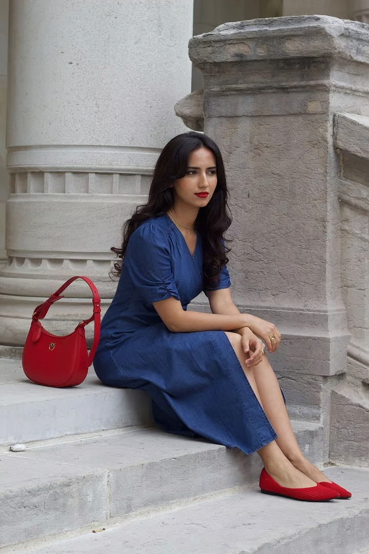 Blue Denim Midi Dress with Red Accessories — Semi Formal Dresses 2027