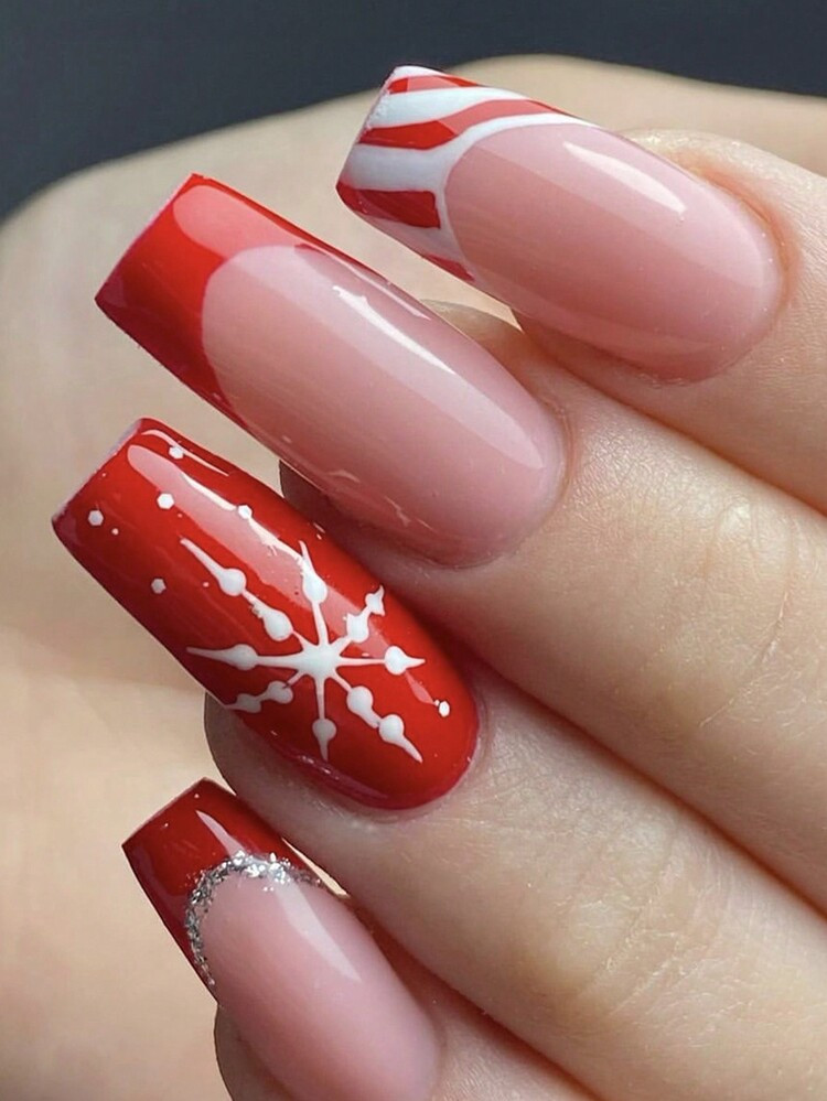 Long Red French with Snowflakes Long Red French with Snowflakes — Christmas Square Nails 2026