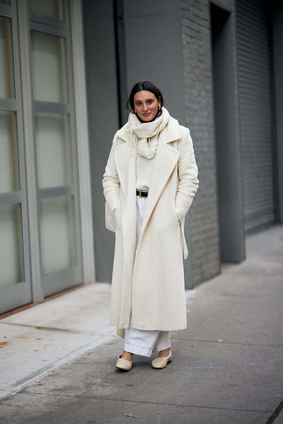 Cozy Cream Textured Coat Paired with Matching Knit Sweater and Trousers Cozy Cream Textured Coat Paired with Matching Knit Sweater and Trousers — Winter Neutral Outfits 2027