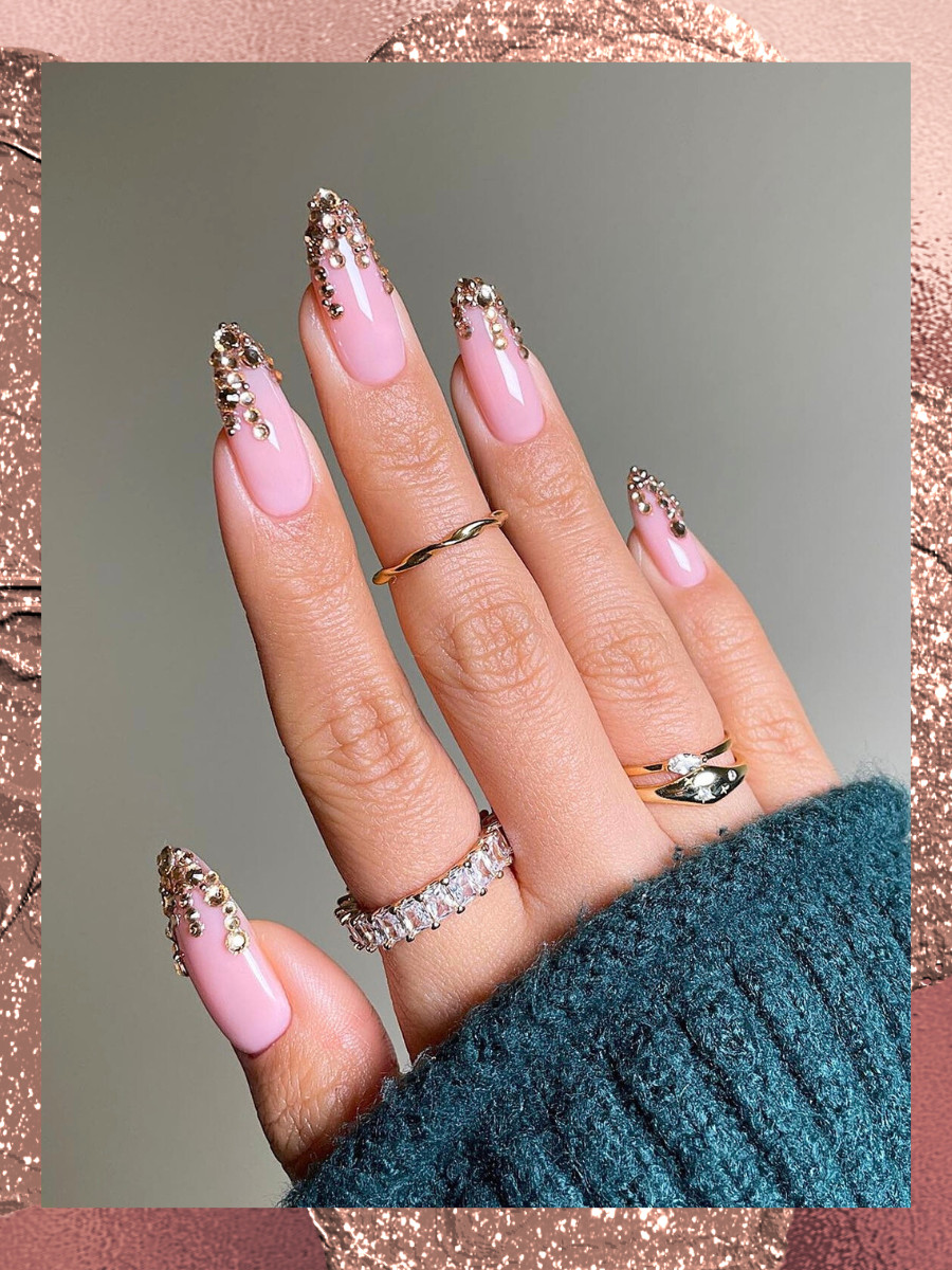 Sheer Pink Base Gold Tips Visual Idea — Prom Almond Nails 2027