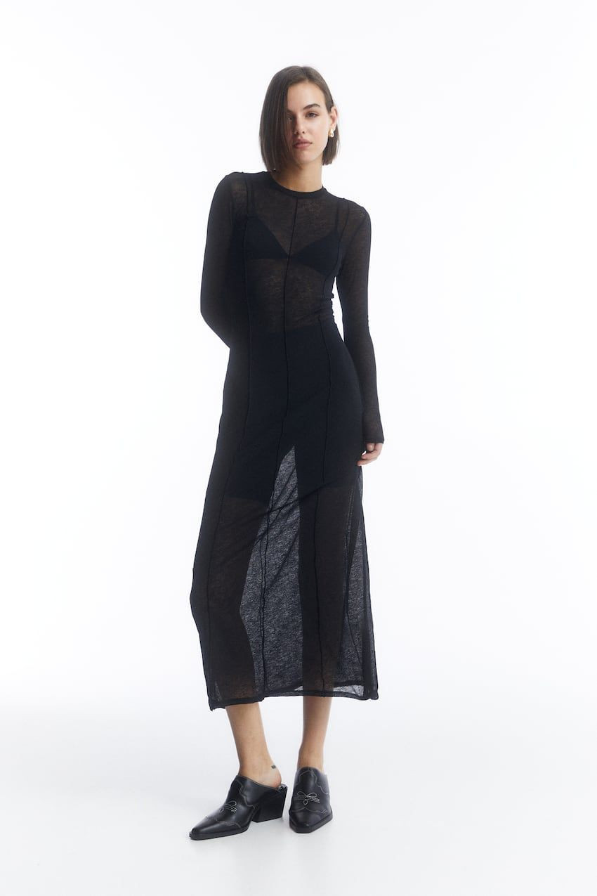 Fitted Black Sheer Maxi Dress with Loafers Fitted Black Sheer Maxi Dress with Loafers — Sheer Dress 2027