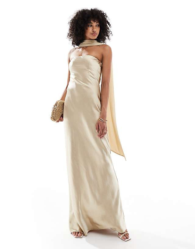 Champagne Strapless Satin Gown with Attached Scarf Detail — Satin Bridesmaid Dresses 2027