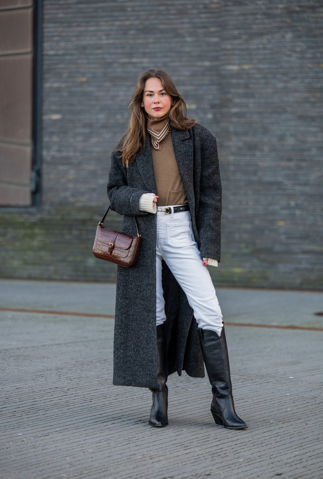 Cozy Layers: White Jeans with Grey Coat and Brown Accents Cozy Layers: White Jeans with Grey Coat and Brown Accents — White Jeans Outfits 2027