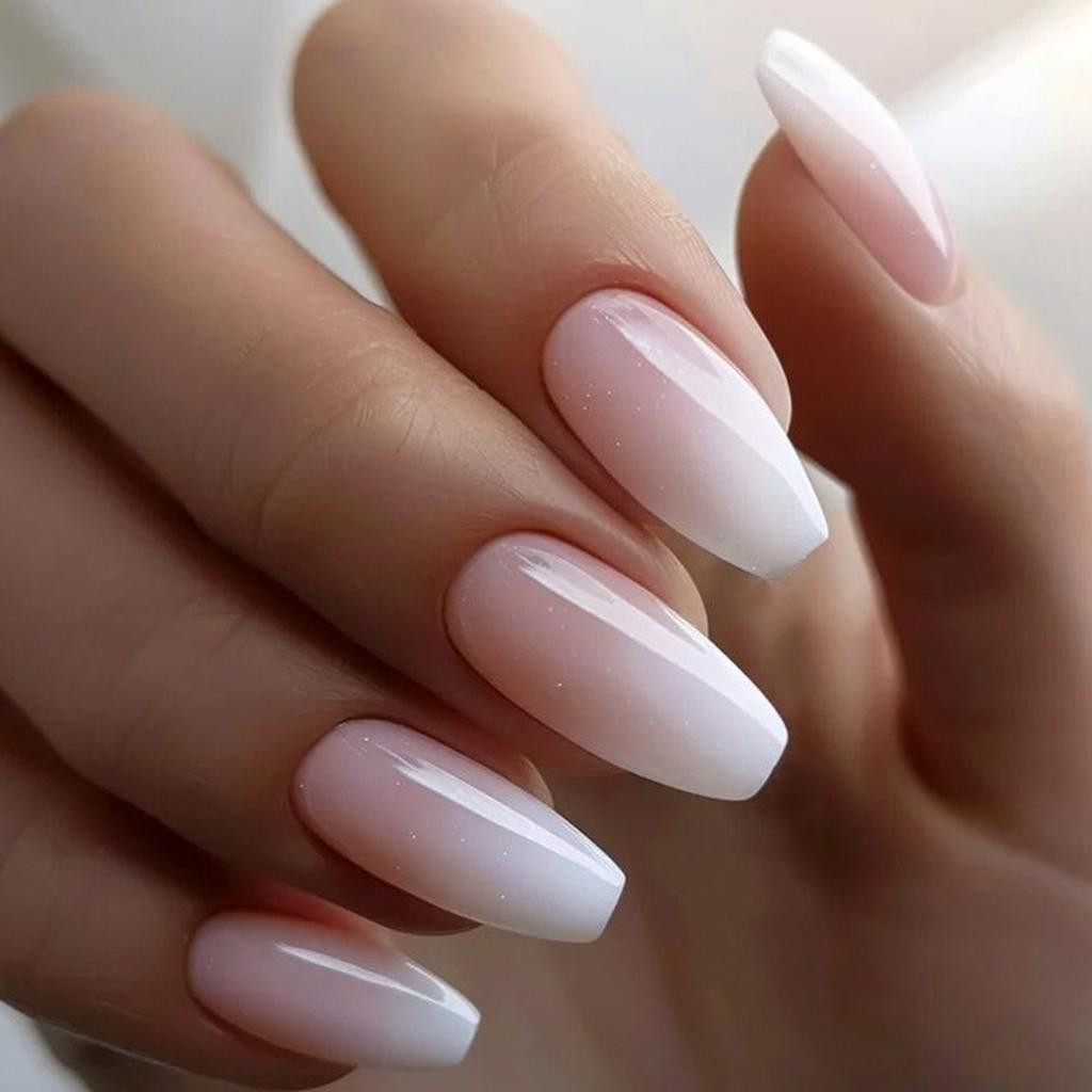 Nude to White Ombre Glitter Coffin Nails — Prom Press On Nails 2027