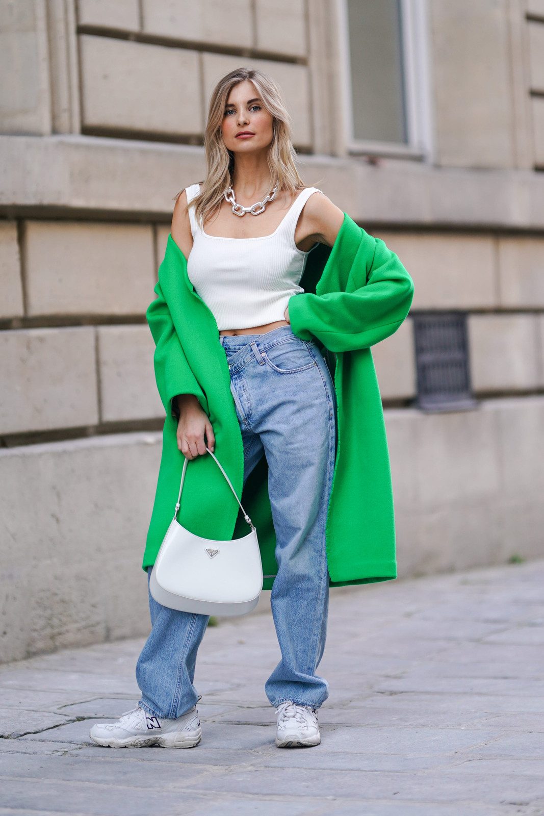 Vibrant Statement: Bright Green Oversized Coat with White Sneakers Vibrant Statement: Bright Green Oversized Coat with White Sneakers — Scene Outfits 2027
