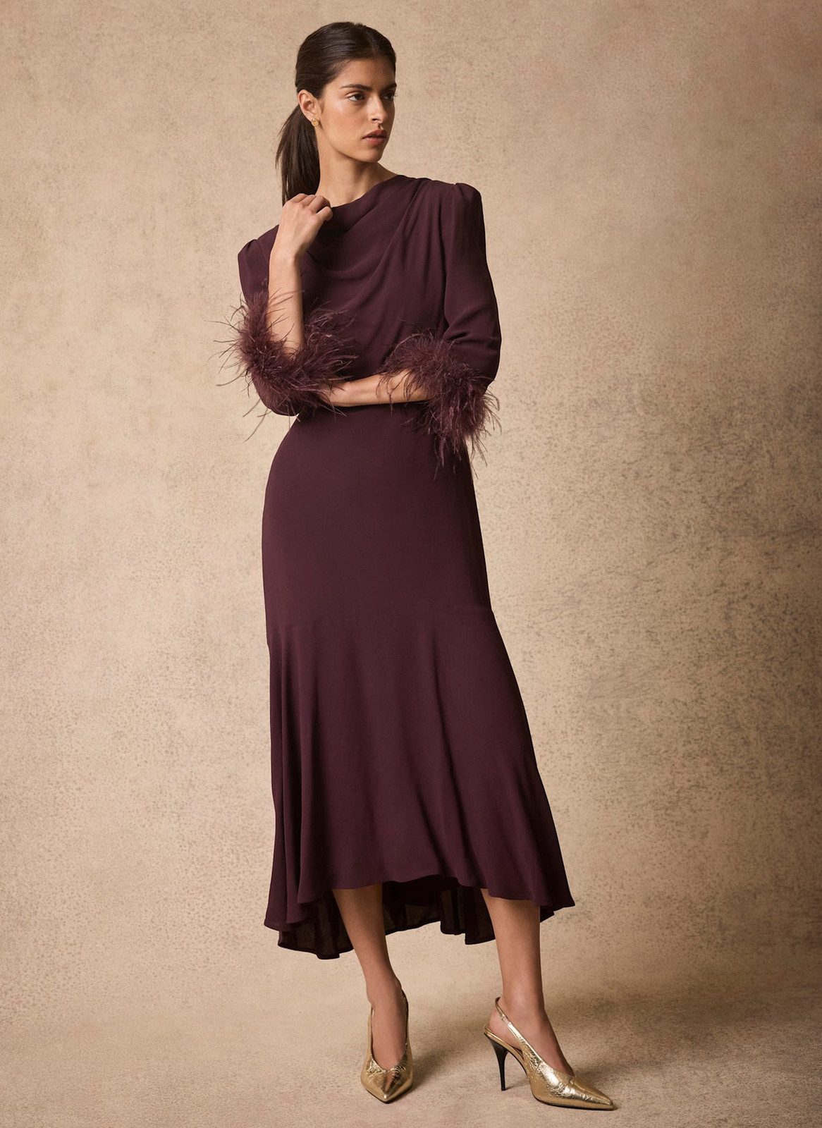 Deep Plum Dress with Feathered Cuffs and Cowl Neck — Cocktail Party Outfits 2027
