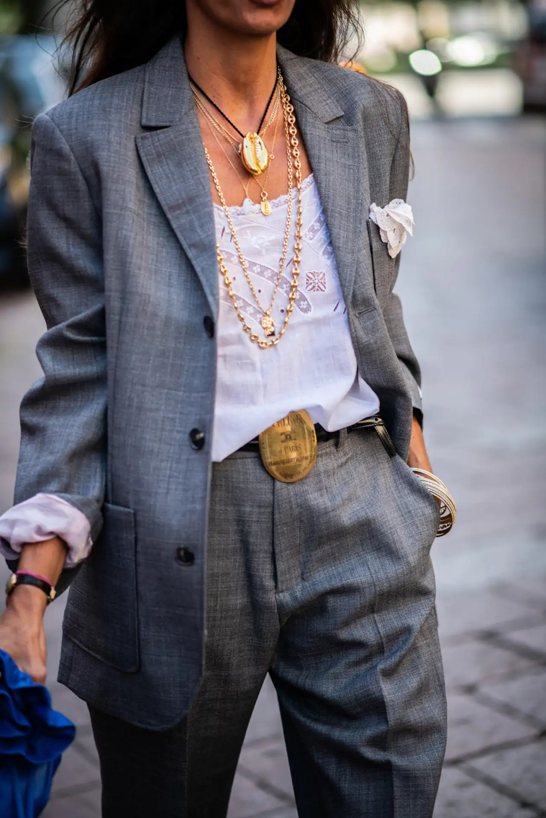 Suit Jacket with Bold Gold Oval Belt Buckle Suit Jacket with Bold Gold Oval Belt Buckle — Belt Outfits 2027