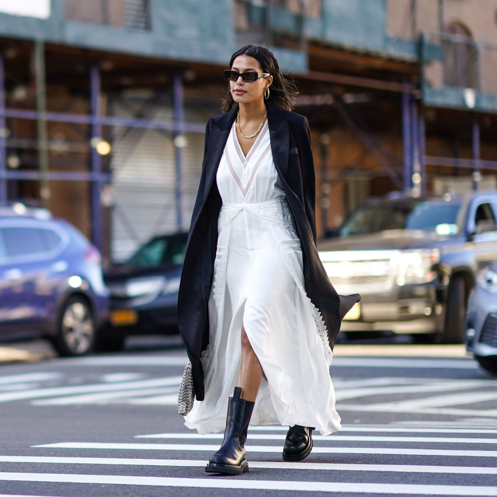 White Maxi Dress with Lace Trim, Blazer, and Combat Boots White Maxi Dress with Lace Trim, Blazer, and Combat Boots — Dress 2027 with Boots Outfit
