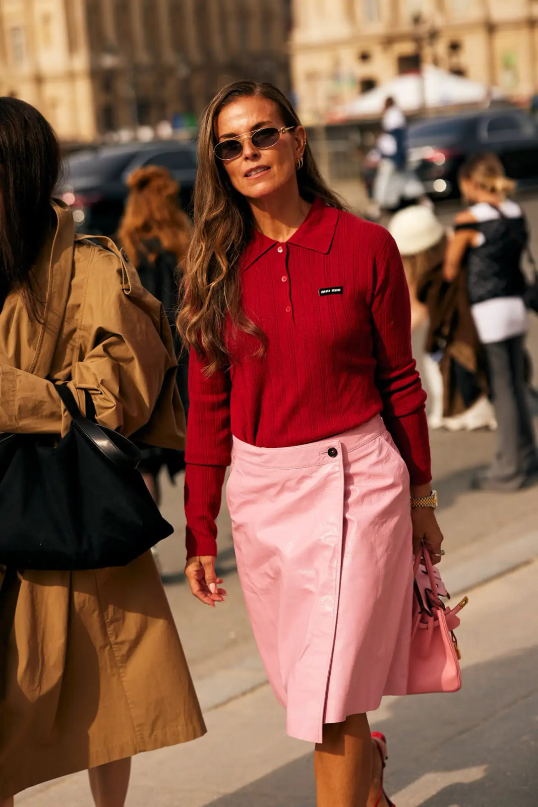 Red Knit Top and Pink Faux Leather Midi Skirt Street Style Red Knit Top and Pink Faux Leather Midi Skirt Street Style — Pink and Red Outfits 2027