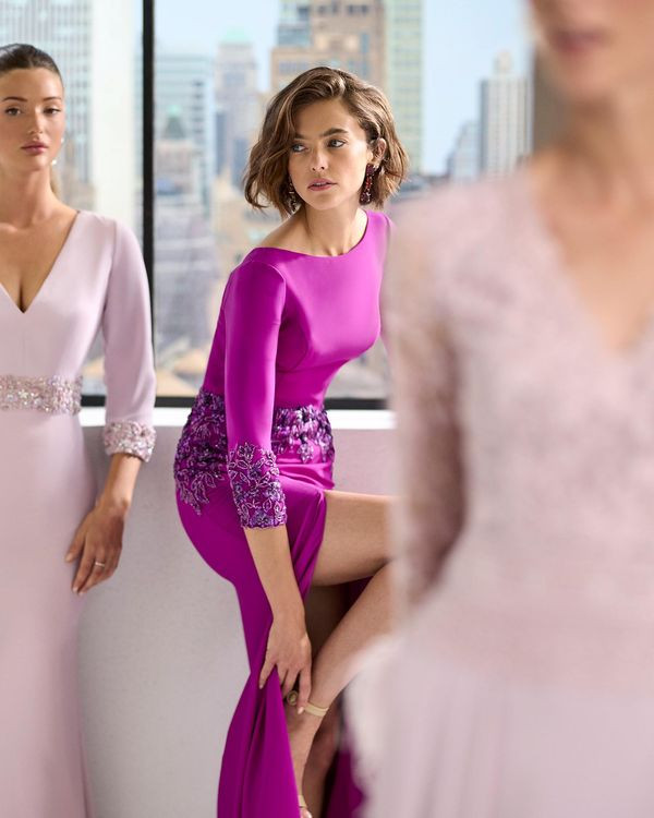 Purple Lace Appliqué Dress with Thigh-High Slit Purple Lace Appliqué Dress with Thigh-High Slit — Wedding Guest Outfits Cocktail 2027