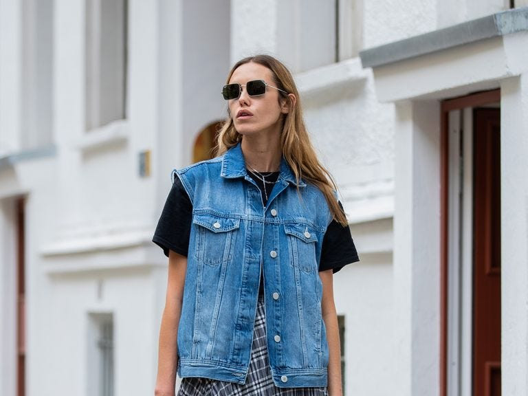 Denim Vest Over T-Shirt and Plaid Skirt Denim Vest Over T-Shirt and Plaid Skirt — Vests 2027