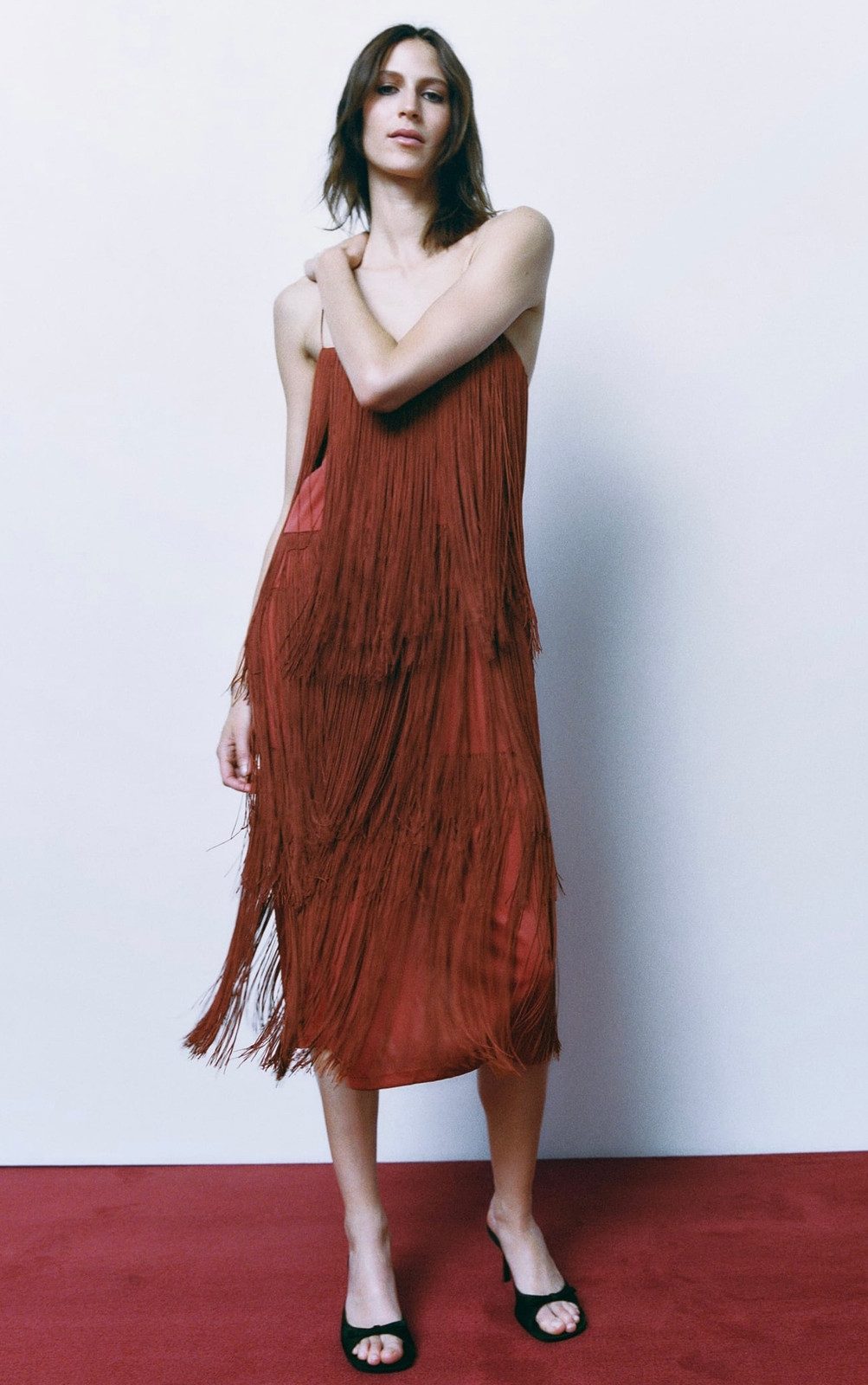 Black Heeled Mules Outfit Idea — Fringe Dress 2027