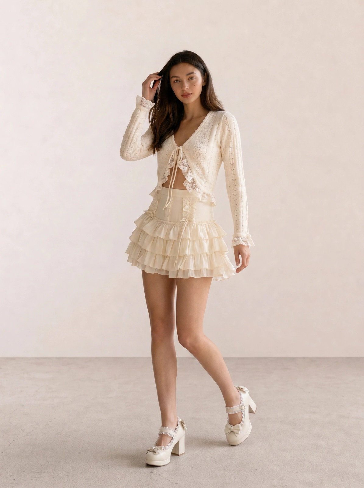 Cable-Knit Cardigan with Ruffled Mini Skirt and Bows Cable-Knit Cardigan with Ruffled Mini Skirt and Bows — Balletcore Outfits 2027