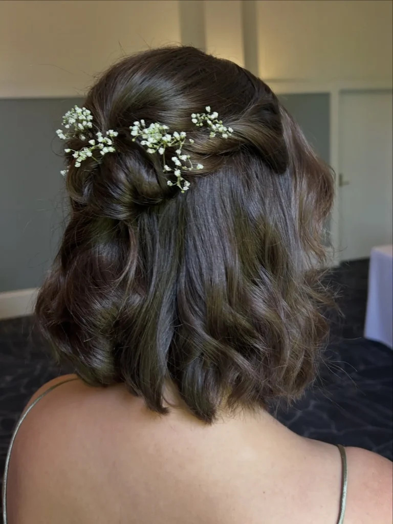 Romantic Dark Brown Bob with Twists and Flowers Romantic Dark Brown Bob with Twists and Flowers — Bob Half Up 2027