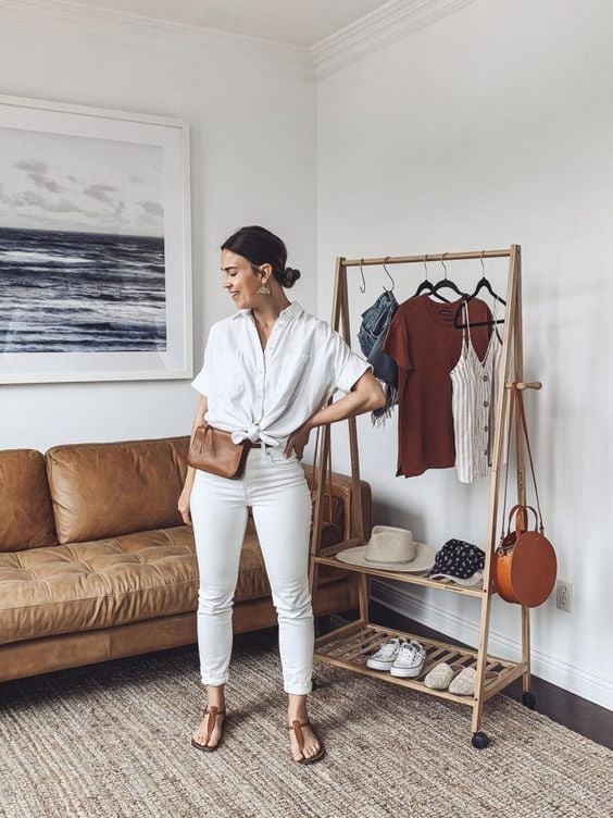 Knotted White Shirt with Fitted Jeans and Sandals — Casual Teacher Outfits 2027