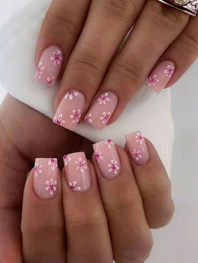 Sheer Pink Base With Pink Floral Accents Visual Idea Sheer Pink Base With Pink Floral Accents Visual Idea — Floral Acrylic Nails 2027