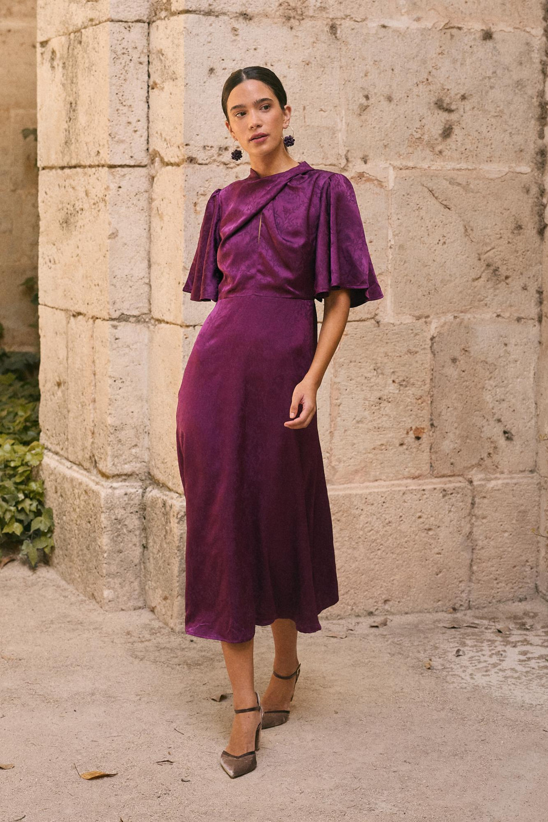 Rich Purple Velvet Midi Dress with Flutter Sleeves for Church Rich Purple Velvet Midi Dress with Flutter Sleeves for Church — Church Dresses 2027