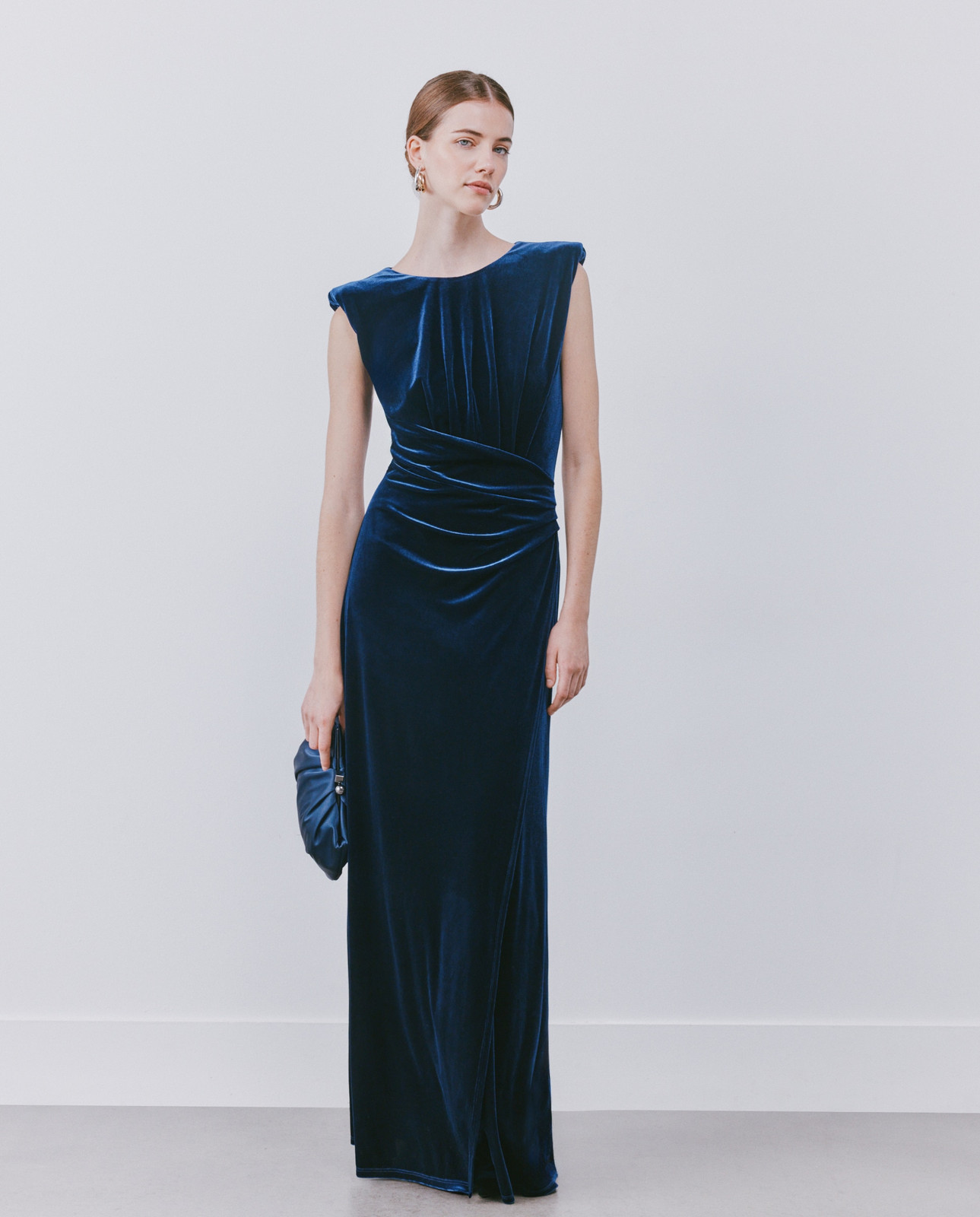 Deep Blue Velvet Column Gown with Padded Shoulders Deep Blue Velvet Column Gown with Padded Shoulders — Modest Dresses 2027