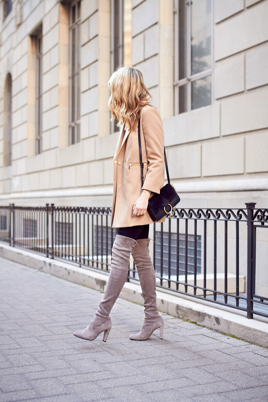 Camel Blazer and Black Trousers with Grey Suede Knee-High Boots Camel Blazer and Black Trousers with Grey Suede Knee-High Boots — Knee High Boots Outfits 2027