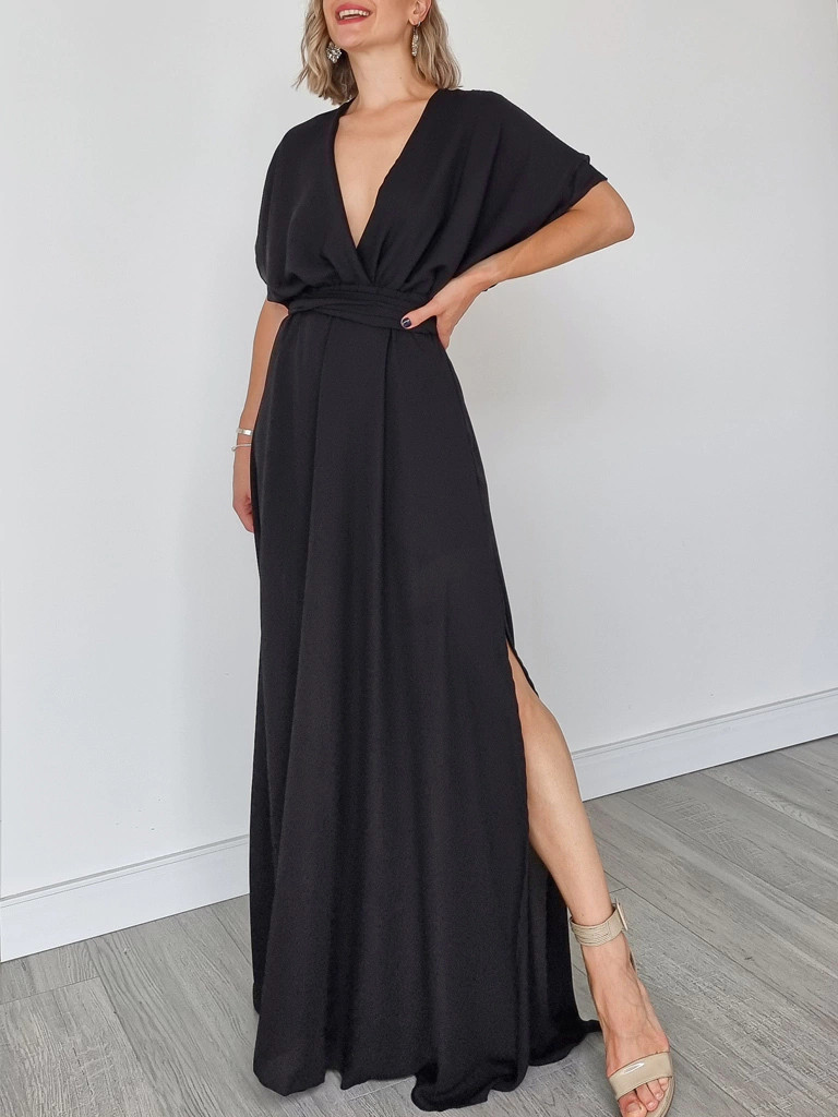 Dramatic Drape: Black Wrap Maxi Dress with Slits — Holiday Party Outfits 2026
