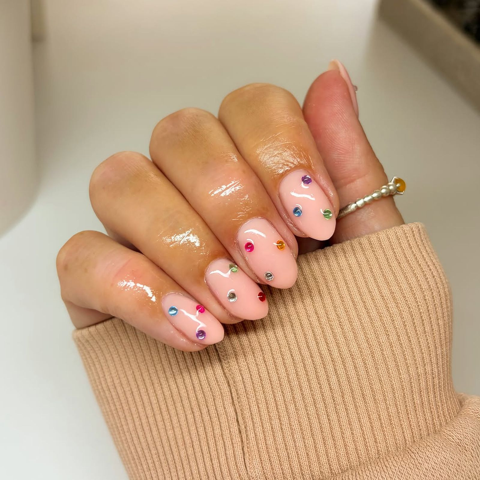 Milky Pink with Speckles and Rhinestones Milky Pink with Speckles and Rhinestones — Milky Pink Nails 2027
