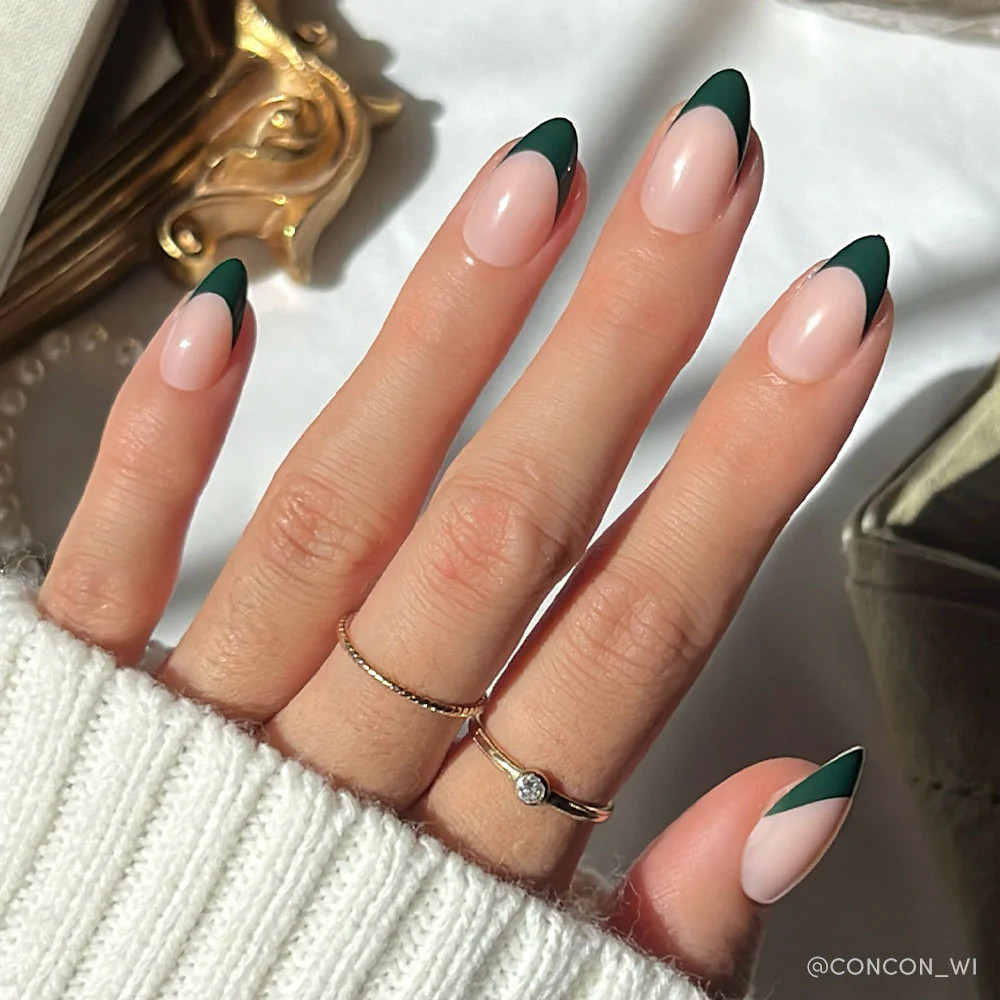 Deep Green French Tip Almonds — Medium Almond Nails 2027
