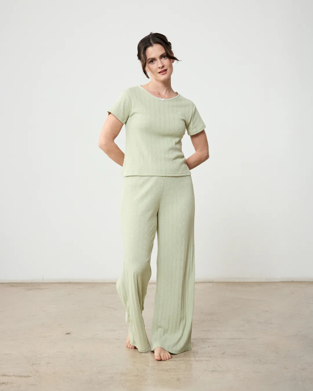 Light Green Knit Set with Textured Wide-Leg Pants Light Green Knit Set with Textured Wide-Leg Pants — Dorm Outfits 2027