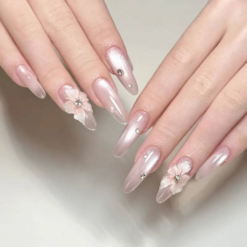 Sheer Pink Stiletto with 3D Flowers — Prom Press On Nails 2027