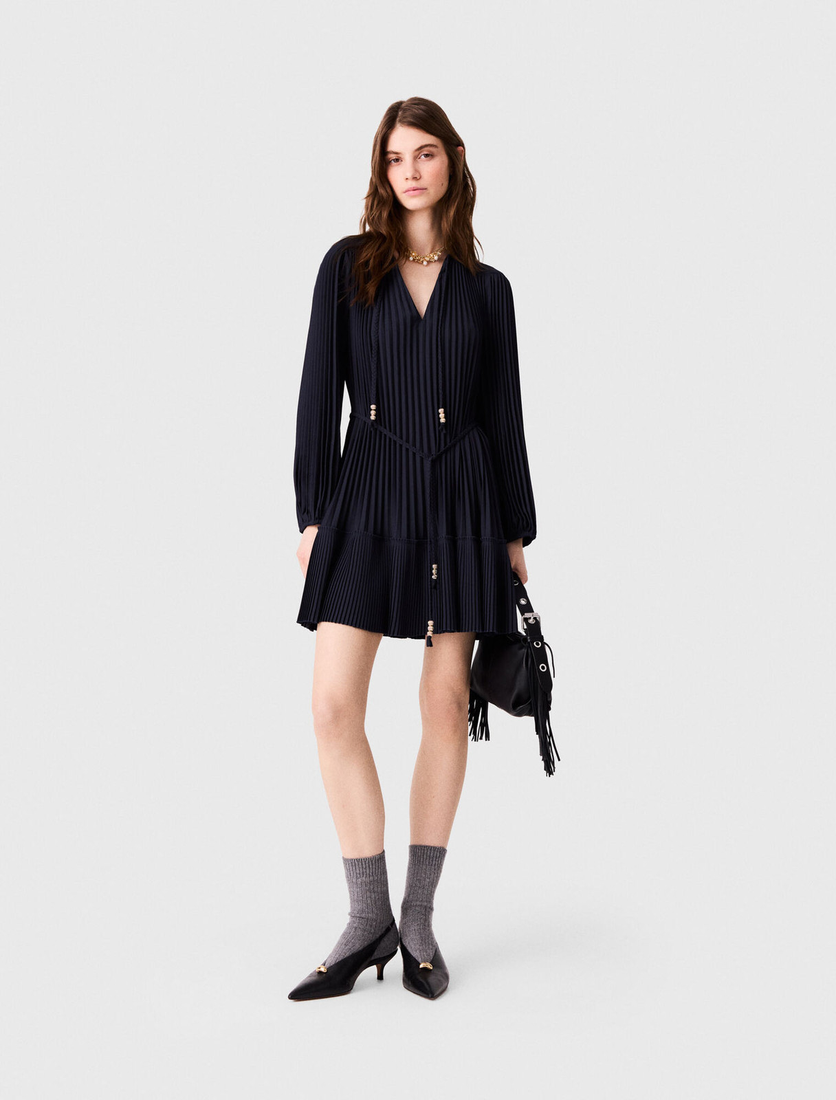 Navy Blue Pleated Mini Dress with Textured Finish Navy Blue Pleated Mini Dress with Textured Finish — Pleated Dress 2027