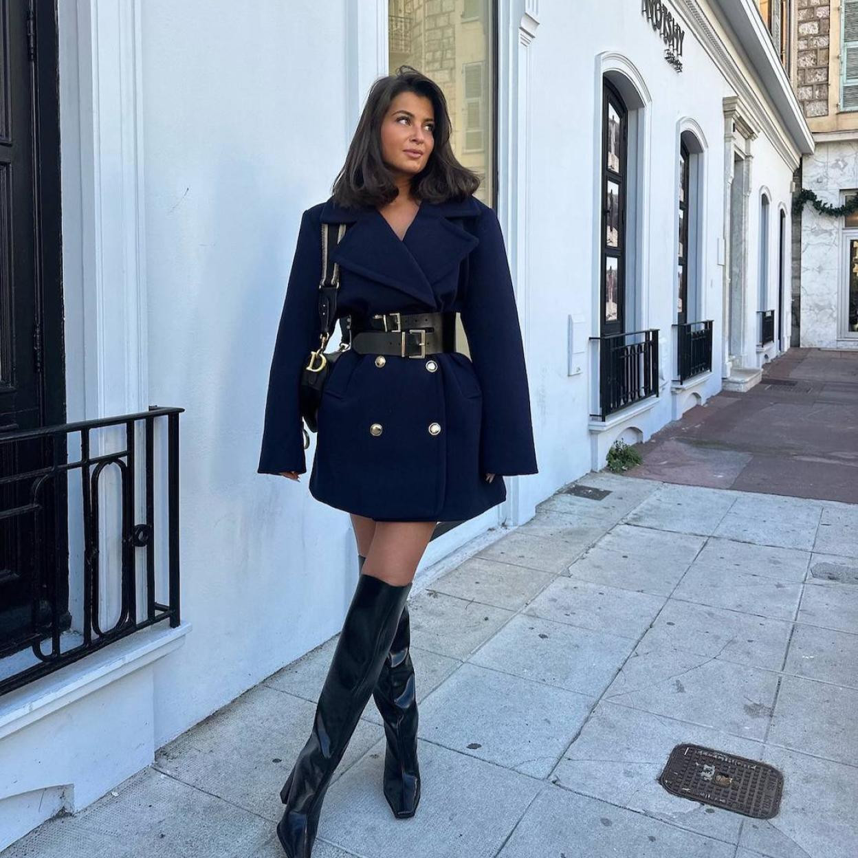 Navy Double-Breasted Coat Dress with Belt Navy Double-Breasted Coat Dress with Belt — Winter Navy Outfits 2027