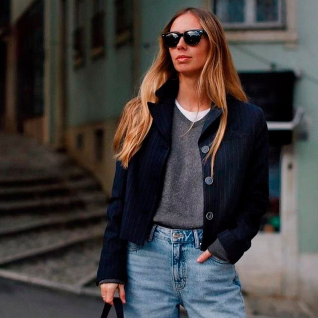 Navy Cropped Jacket with Grey Sweater and Jeans Navy Cropped Jacket with Grey Sweater and Jeans — Fall Capsule Wardrobe 2026