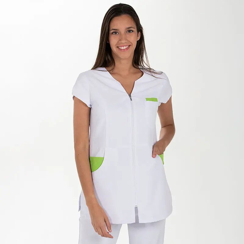 White Zip-Front Scrub Top with Green Accents — Nurse Outfits 2027
