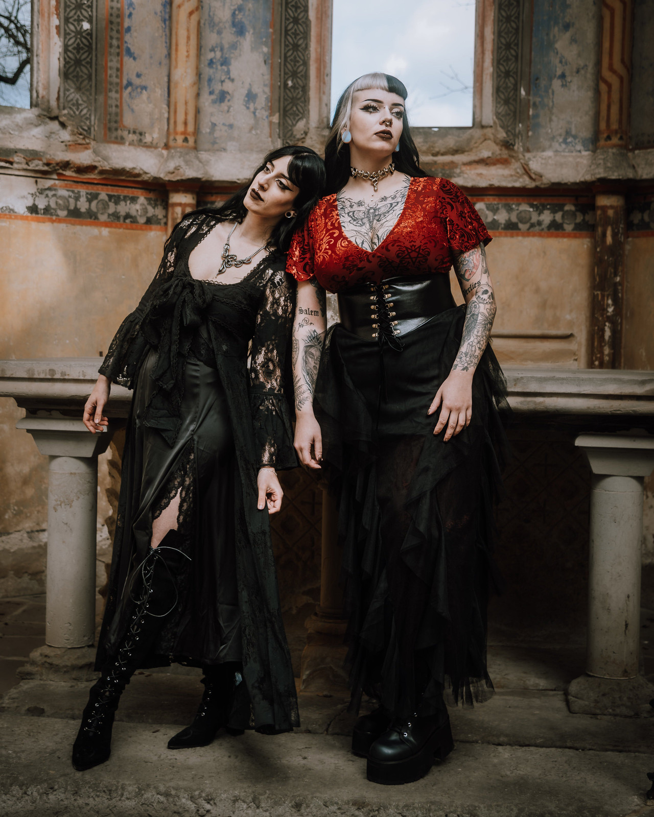 Dual Gothic Romance: Lace Dress with Slit and Corset Top with Ruffled Skirt Dual Gothic Romance: Lace Dress with Slit and Corset Top with Ruffled Skirt — Gothic Romantic Outfits 2027