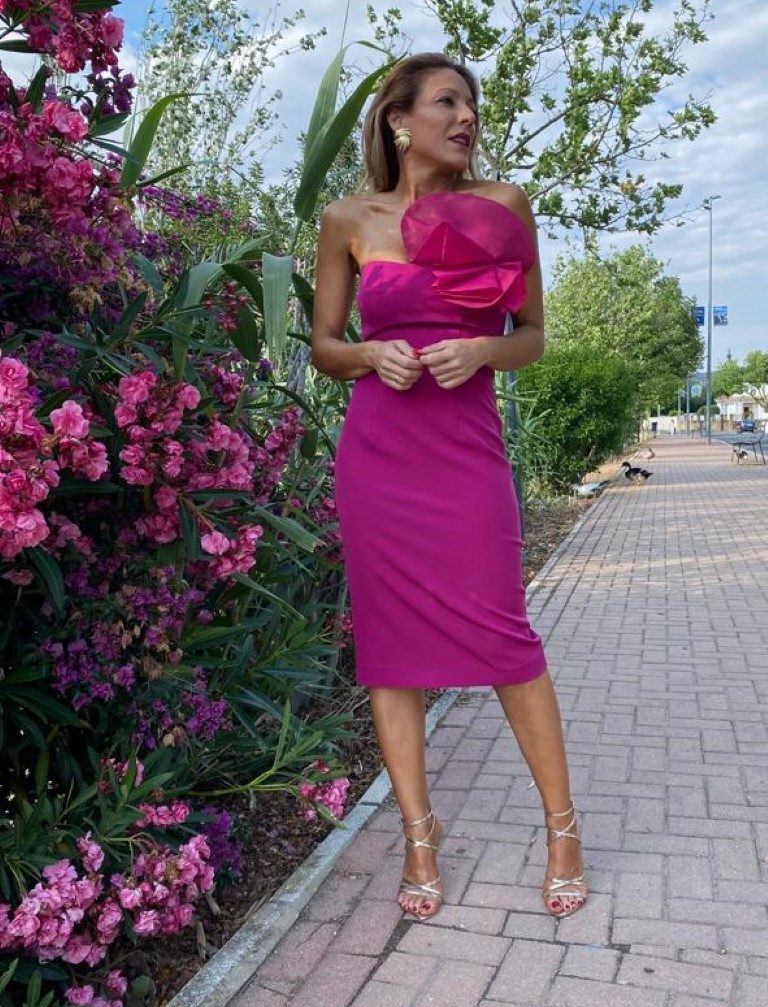 Hot Pink Strapless Sheath Dress with Fabric Flower Detail — Formal Dresses 2027