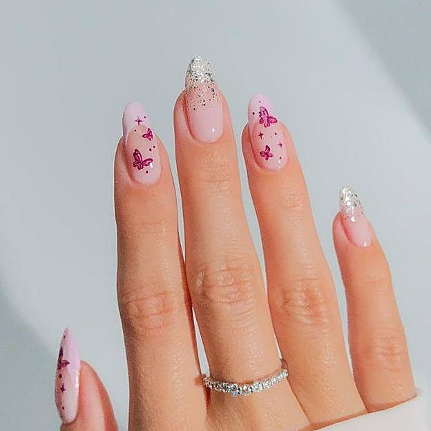 Butterfly Decals Medium Oval Pink Nails — Nails 2027 for Teens
