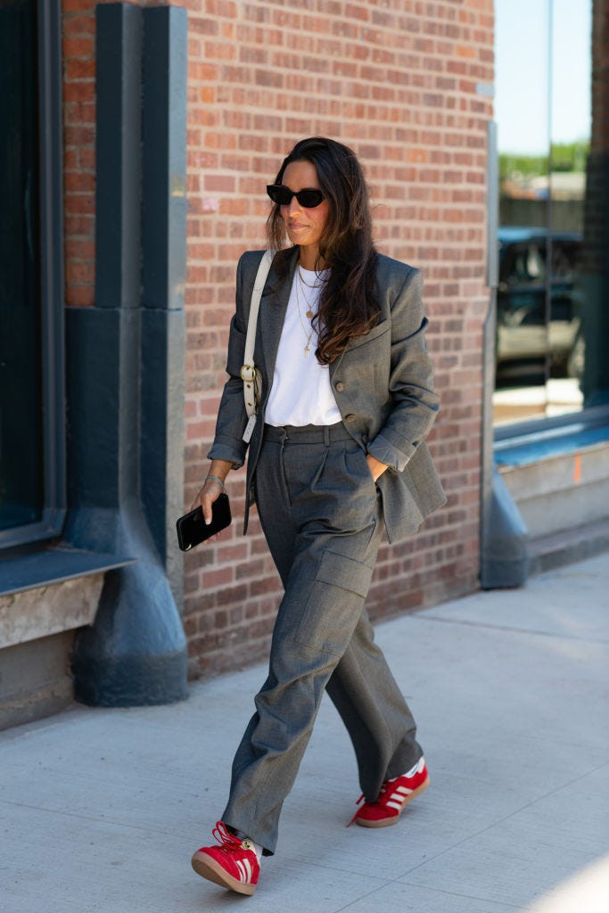 Oversized Grey Blazer and Wide-Leg Trousers with Red Sneakers Oversized Grey Blazer and Wide-Leg Trousers with Red Sneakers — Spring Outfits 2027 with Sneakers
