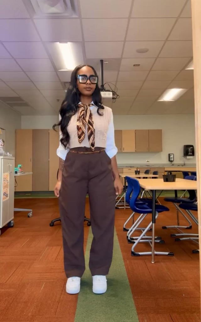 Cropped Vest with Wide-Leg Trousers and Scarf — Casual Teacher Outfits 2027