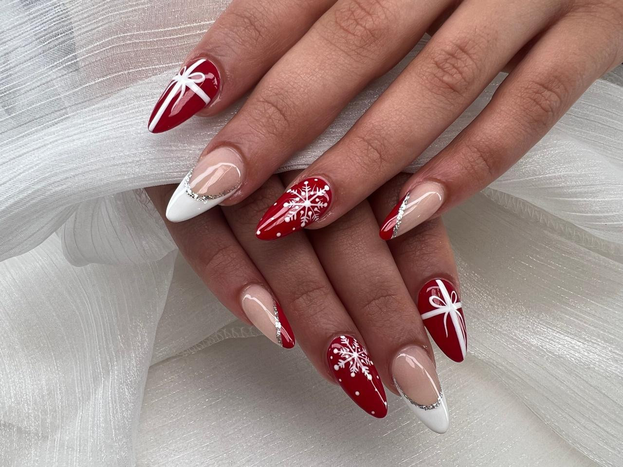 Red White Nude Silver Visual Idea Red White Nude Silver Visual Idea — Christmas Gel Nails 2026