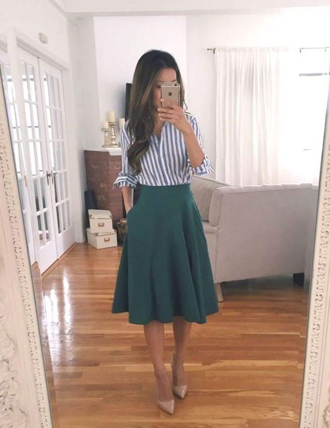 Classic Striped Shirt with a Dark Green A-Line Skirt Classic Striped Shirt with a Dark Green A-Line Skirt — Spring Teacher Outfits 2027