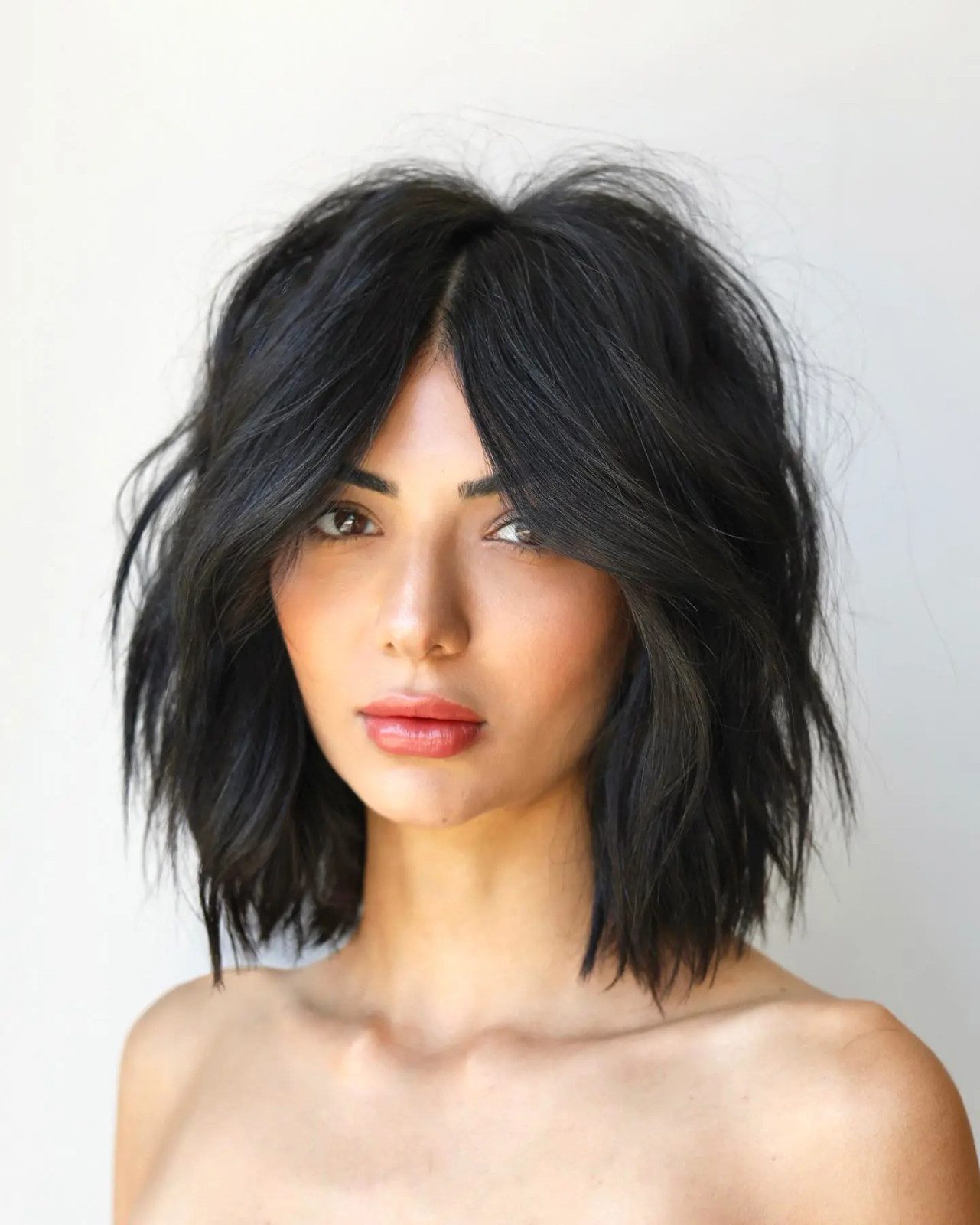 Dark Brown Collarbone Shag With Curtain Bangs Dark Brown Collarbone Shag With Curtain Bangs — Layered Bob 2027