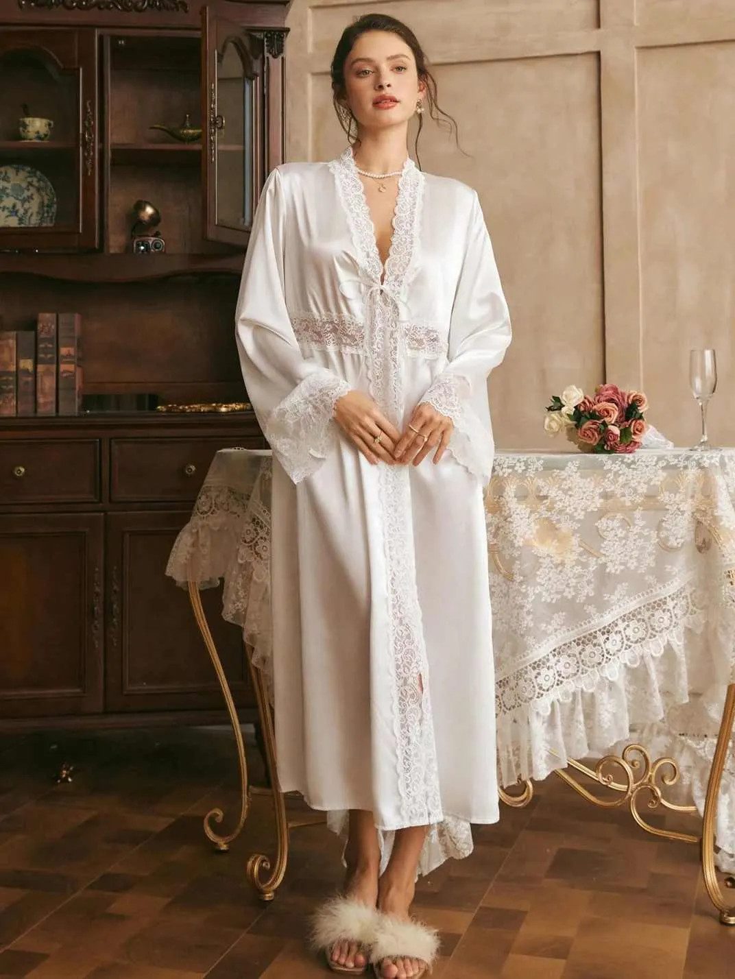 Pampered Relaxation: White Satin Robe and Slip Pampered Relaxation: White Satin Robe and Slip — Honeymoon Outfits 2027