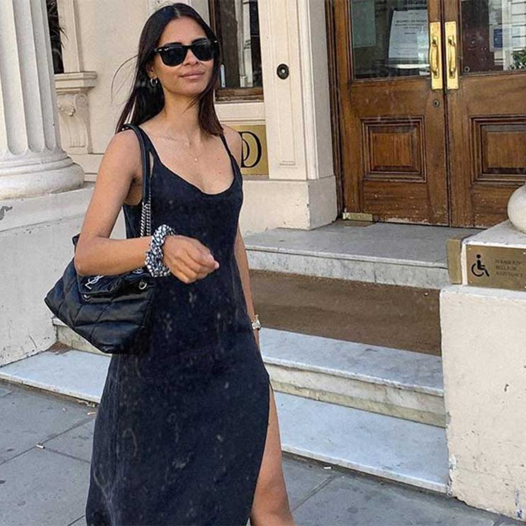 Black Slip Dress With High Slit And Black Sneakers Black Slip Dress With High Slit And Black Sneakers — Sneakers 2027 with Dress Outfits