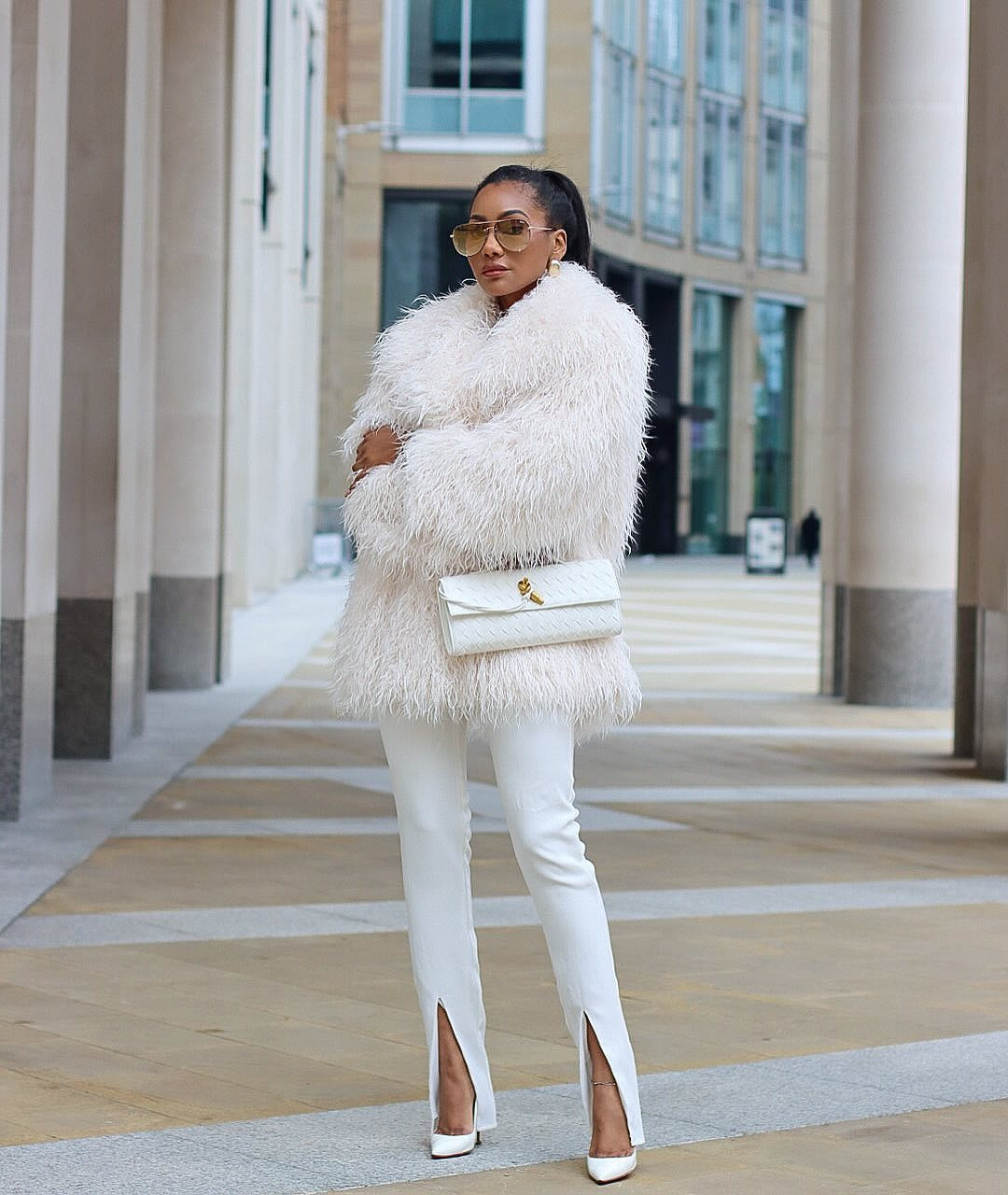 Monochromatic Luxe: Cream Fur with White Trousers Monochromatic Luxe: Cream Fur with White Trousers — Mob Wife Outfits 2027