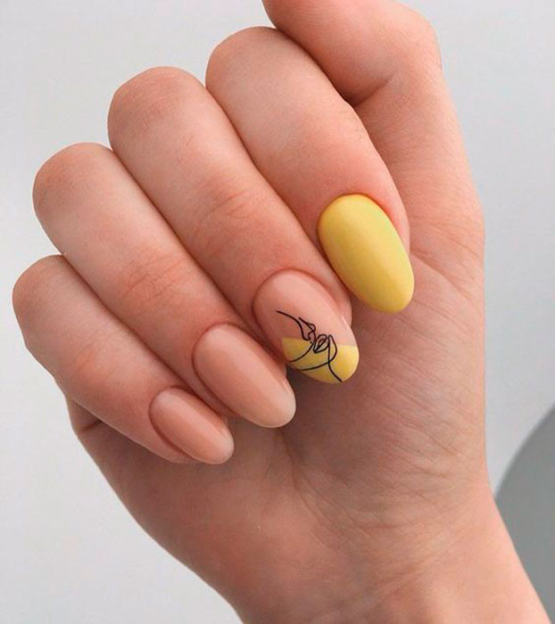 Yellow Face Line Art Oval Nails Yellow Face Line Art Oval Nails — Classy Simple Nail Designs 2027