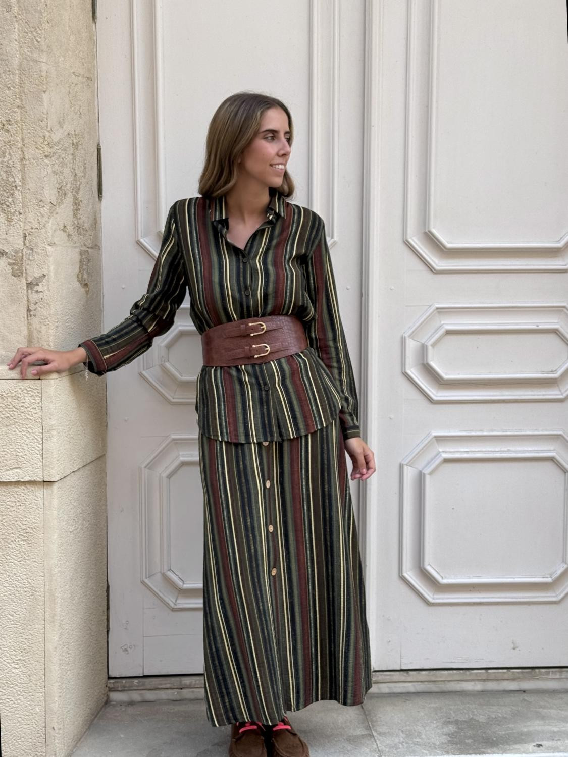 Striped Maxi Skirt and Shirt with Wide Leather Belt and Loafers Striped Maxi Skirt and Shirt with Wide Leather Belt and Loafers — Savannah Outfits 2027