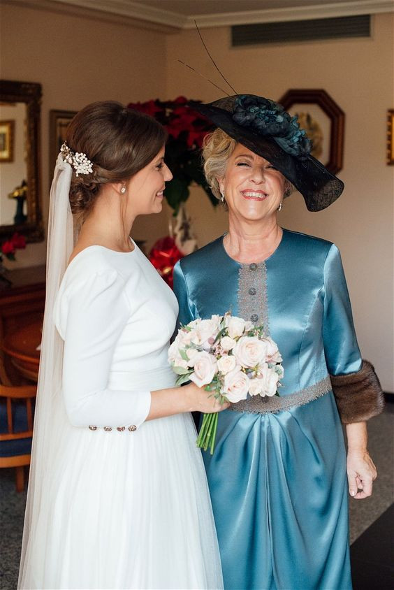 Blue Satin Midi Dress with Fur Trim and Black Fascinator Blue Satin Midi Dress with Fur Trim and Black Fascinator — Mothers Day Church Outfits 2027