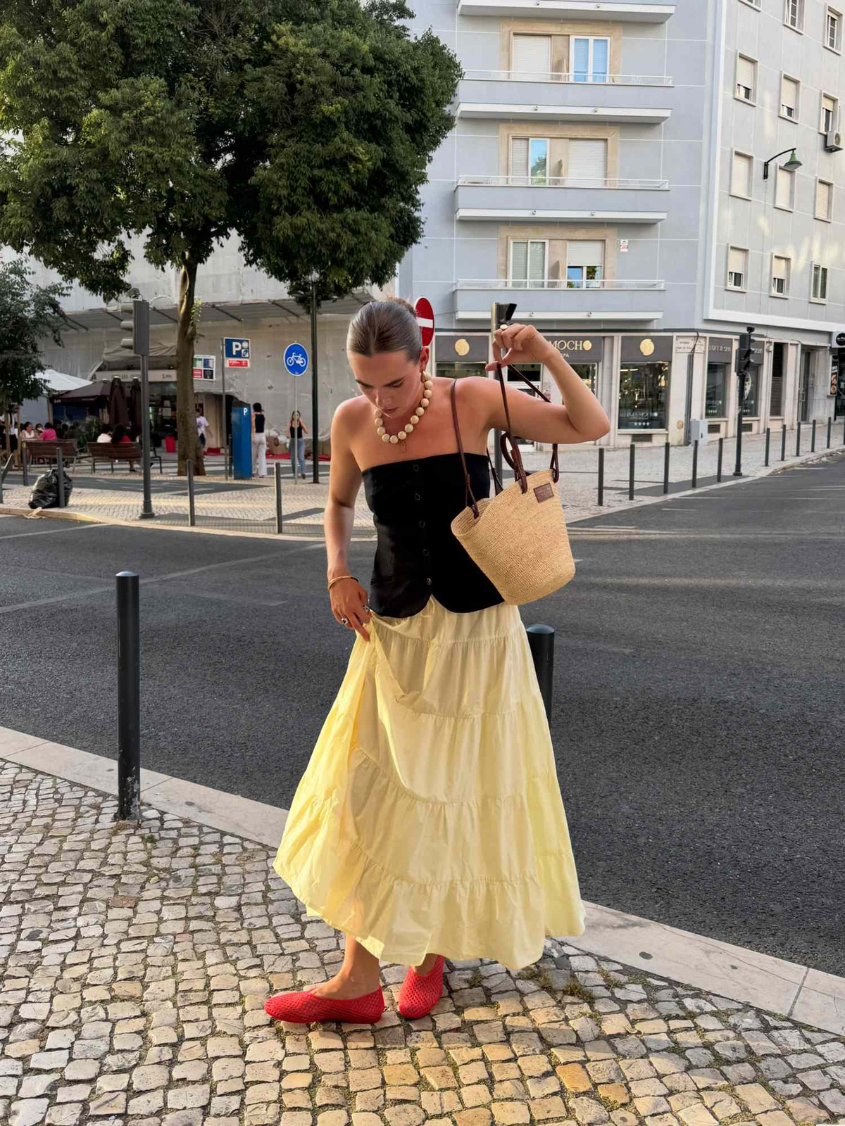 Black Strapless Top with Tiered Yellow Maxi Skirt Black Strapless Top with Tiered Yellow Maxi Skirt — Italy Summer Outfits 2027