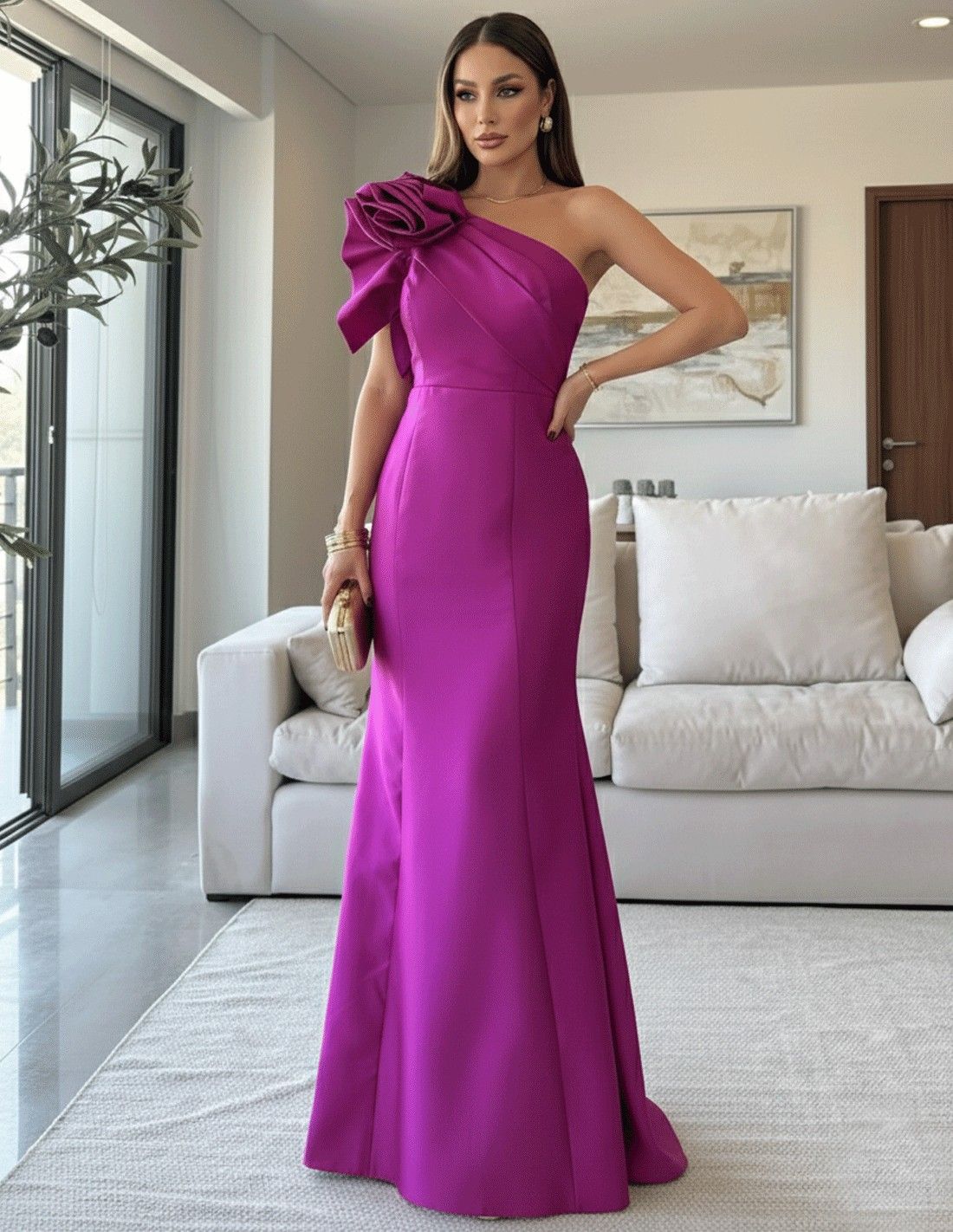 Fuchsia One-Shoulder Gown with Oversized Floral Detail Fuchsia One-Shoulder Gown with Oversized Floral Detail — Party Outfits 2027